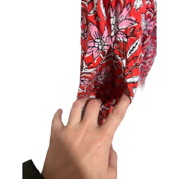 LOFT Puff Sleeve Split Neck Floral Tiered Pocket Shirt Dress Red Size Medium - Picture 10 of 13